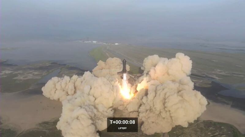 In this image from video provided by SpaceX, the company's Starship launches from Boca Chica,...