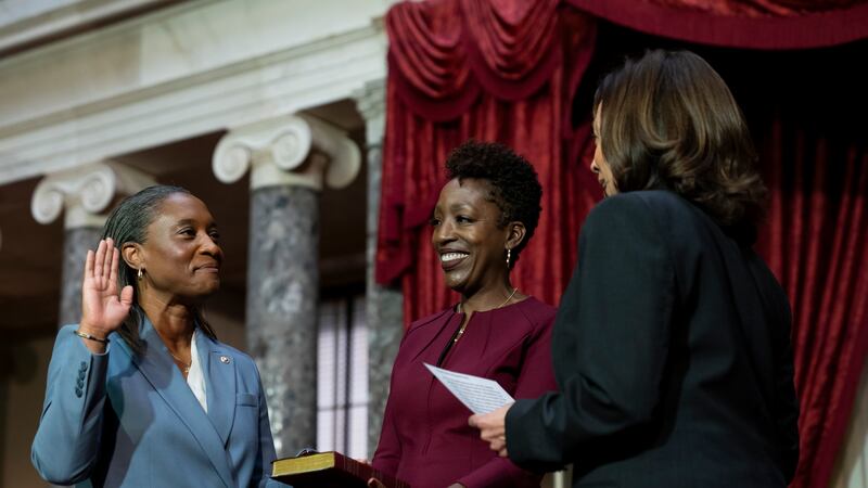 Vice President Kamala Harris, right, swears in Laphonza Butler, D-Calif., left, to the Senate...