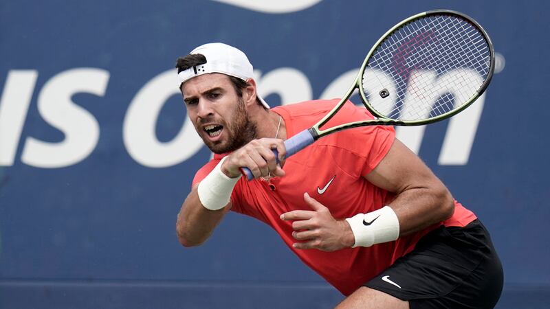 Karen Khachanov of Russia during the first round of the U.S. Open tennis tournament, Tuesday,...