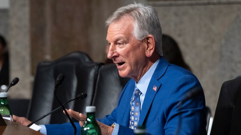 FILE - Sen. Tommy Tuberville, R-Ala., questions Navy Adm. Lisa Franchetti during a Senate...