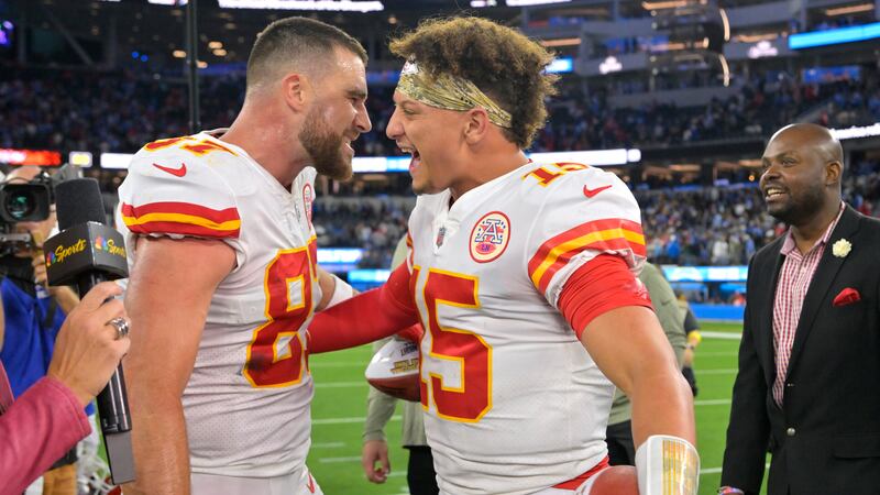 FILE: City Chiefs tight end Travis Kelce, left, and quarterback Patrick Mahomes celebrate...