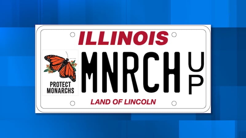 A model of the new Illinois Monarch butterfly license plate on display in Chicago on Thursday,...