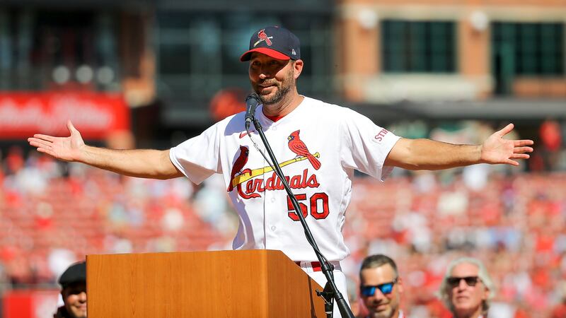 St. Louis Cardinals' Adam Wainwright speaks as he his honored during his retirement ceremony...